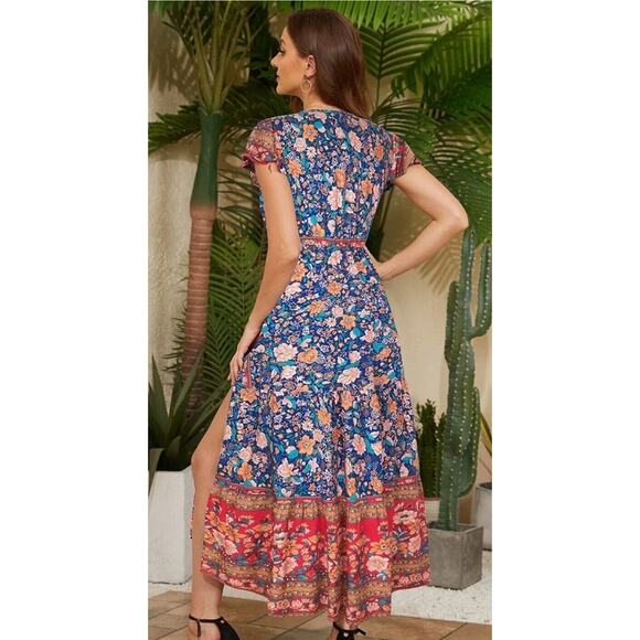 Womens Bohemia Side Split V Neck Ruffles Short Sleeves Maxi Dress with Belt Sz M - Picture 10 of 16